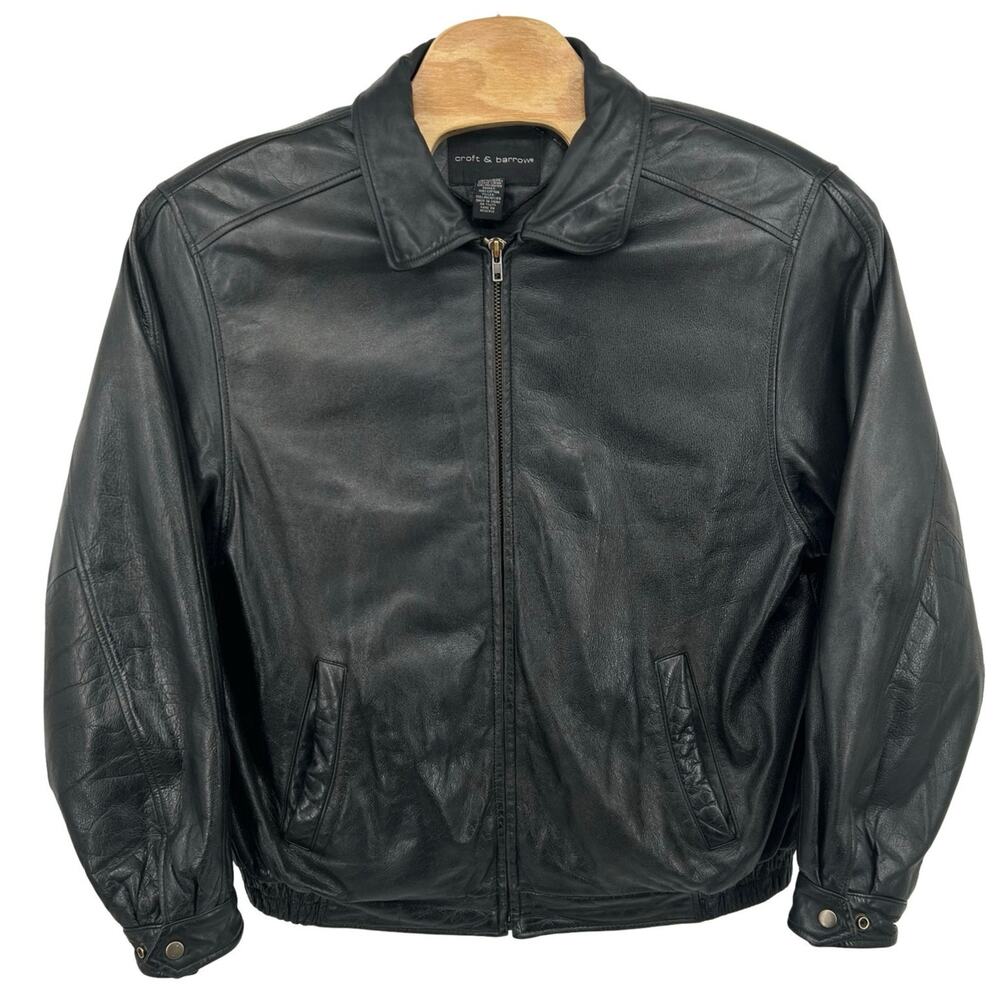 Vintage Men's Croft & Barrow Black Collared Leather Bomber Jacket sz Large Tall